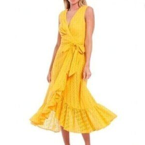 SACHIN BABI Diana Eyelet Midi Wrap Dress Yellow Gold Sleeveless Party Wedding 8